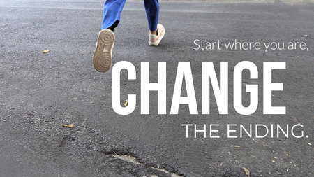 A photo showing a person's feet in motion, running on a gray asphalt surface. A motivational...