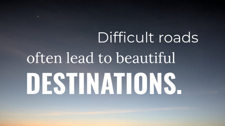 A quote, DIFFICULT ROADS often lead to BEAUTIFUL DESTINATIONS, is set against a peaceful sunrise...