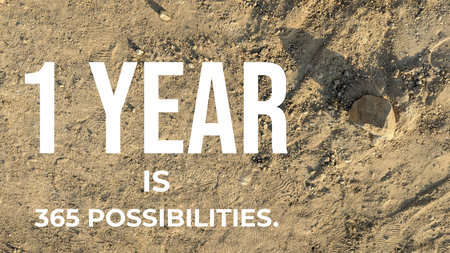 A wide shot of a dirt or sand surface with a large rock and a motivational quote overlay. The text...