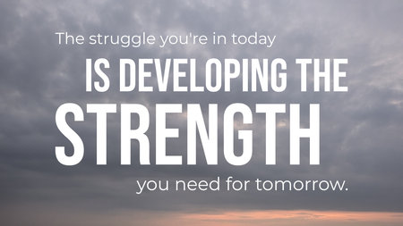A motivational graphic featuring an inspirational quote on a dramatic gray and pink cloudy sky. The...