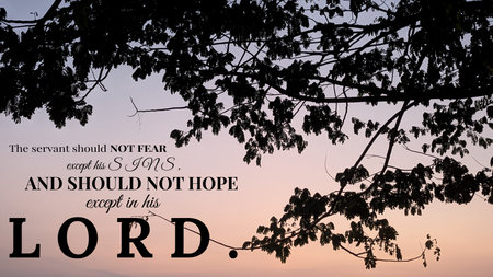 Inspirational religious quote over a tranquil sunrise sky framed by a dark tree silhouette...
