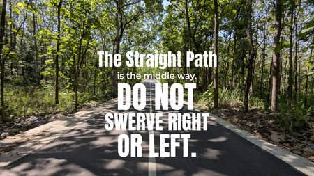 A quote about sticking to the middle way on a straight road through a lush green forest emphasizing balance focus and morality the straight path is the middle way do not swerve right or leftの写真素材