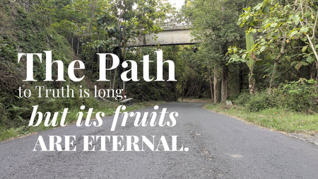 About the long journey to truth and its eternal reward overlaid on a secluded, winding road under an...