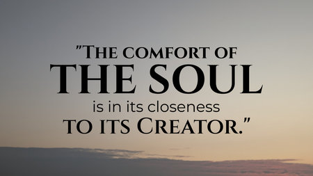 A quote about finding inner comfort and peace through devotion and closeness to the divine Creator set against a soft, tranquil sunrise sky The comfort of the soul is in its closeness to its creatorの写真素材