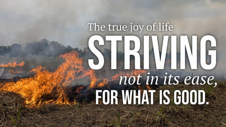An inspirational quote about finding true joy, purpose, meaning not in ease, but through striving for good, moral living., Set against a powerful image of fire, smoke, symbolizing passion, difficulty.の写真素材