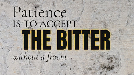 A moral quote on the spiritual nature of patience, accepting adversity without complaint, set against a rough, textured, stained gray concrete wall., Patience is to accept the bitter without a frown.の写真素材