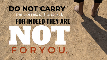 Do not carry the worries of the world, for indeed they are not for you. A person walks barefoot on dry earth, their shadow falling on the ground. This quote promotes relief from spiritual burdens.の写真素材