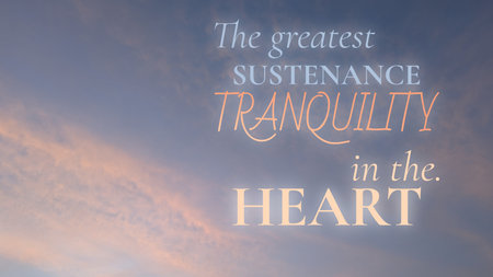 A inspirational quote, The greatest sustenance tranquility in the heart, is shown in elegant, glowing text, a tranquil twilight sky background, soft pink, blue clouds present. Uplifting message.の写真素材