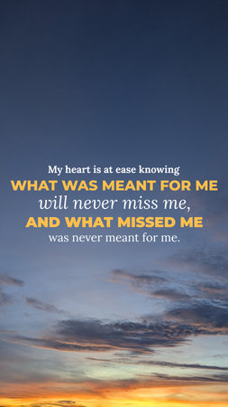 A vertical inspirational quote promotes peace regarding fate. The bold text sits over a dawn sky, featuring deep blue above a bright orange, pink horizon. It emphasizes divine destiny, comfort, reliefの写真素材