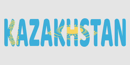 Bold typography displays the word KAZAKHSTAN. Letters feature the national flag pattern with sky blue field, gold sun, eagle, ornamental hoist pattern. This graphic represents Kazakhstani identity, culture, heritage. It works well for travel, tourism themes. The text is isolated on a plain grey background.のイラスト素材