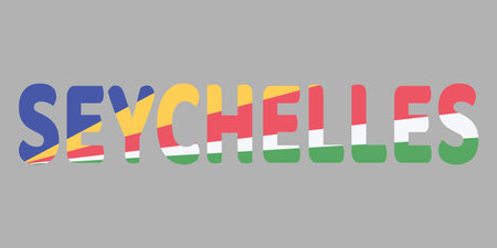 The image features the word SEYCHELLES in a bold, rounded font against a light gray background. Each letter is filled with the oblique blue, yellow, red, white, green stripes of the national flag. This creative typography serves as a clean, patriotic graphic design for the country.のイラスト素材