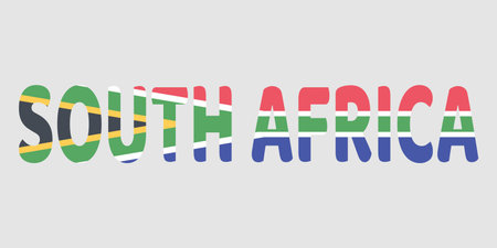 Bold, rounded letters form the words SOUTH AFRICA against a light gray background. Each character is filled with the vibrant red, green, blue, black, white, gold colors of the national flag. This creative typography serves as a clean, patriotic graphic design for the country.のイラスト素材