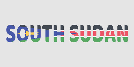 The image features the words SOUTH SUDAN in a bold, rounded font against a light gray background. Each letter is filled with the black, red, green, blue, yellow colors of the national flag. This creative typography serves as a clean, patriotic graphic design for the country.のイラスト素材