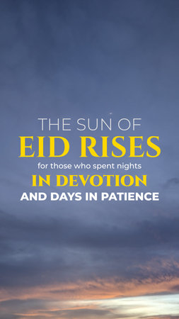 A vertical religious quote appears over a dark blue plus orange sunrise sky. The text explains that...