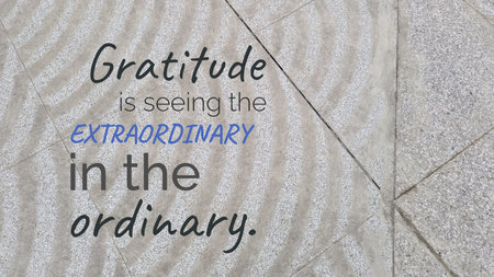 An inspirational image features the quote, Gratitude is seeing the EXTRAORDINARY in the ordinary. The text sits over a textured stone pavement with light circular patterns. Black plus blue typography highlights this mindful message. This graphic symbolizes appreciation, finding beauty within simple daily life, spiritual awareness, calm reflection.