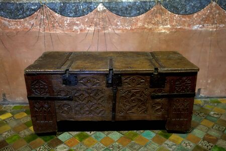 Old medieval carved wooden chest
