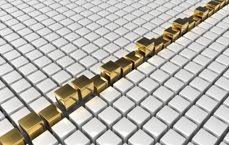 Line of golden cubes moving in an array of white plastic cubesの写真素材