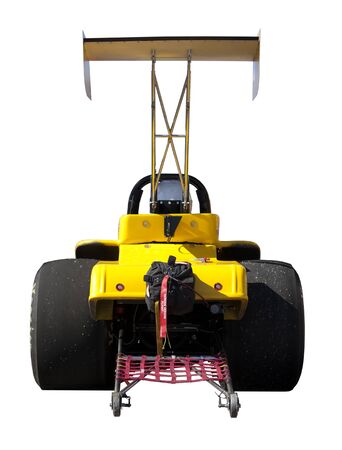 Yellow dragster race car isolated on white backgroundの写真素材