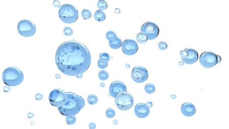 3D rendering of blue water bubbles over white backgroundの写真素材