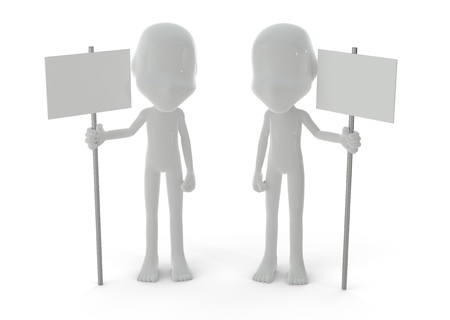 3D characters and two blank panels isolated on white backgroundの写真素材