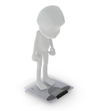 3D character on a scale isolated on white backgroundの写真素材