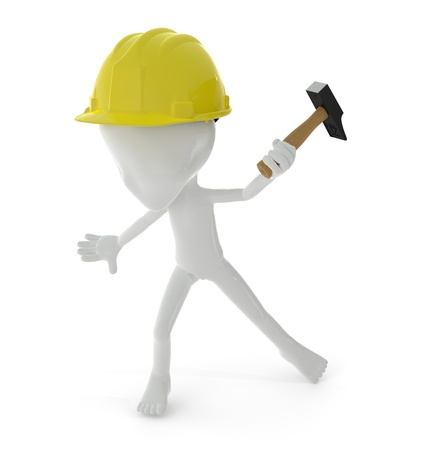 3D character holding a hammer isolated on white backgroundの写真素材