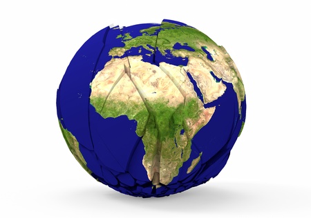 Broken earth globe isolated on white backgroundの写真素材