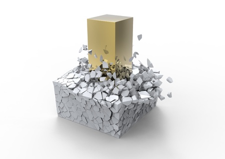 Impact concept showing a big golden rod crushing a fragile block