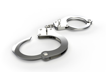 Handcuffs pair and keys isolated on white backgroundの写真素材