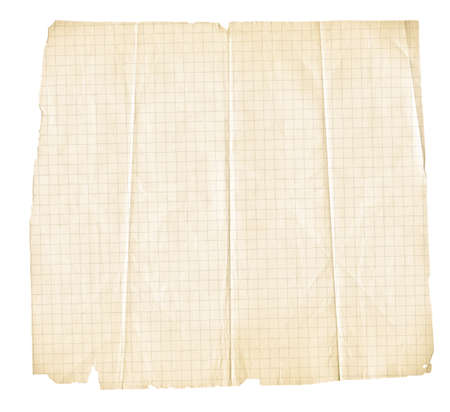 Torn and creased squared copybook sheet of paper isolated on white background.の写真素材