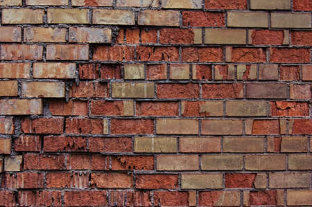 Old, cracked red brick wall texture background.