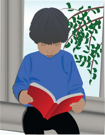 The boy, sitting on the window and to read books.のイラスト素材
