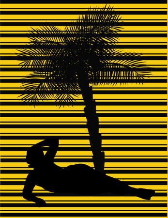 postcard with a girl lying under the palmのイラスト素材