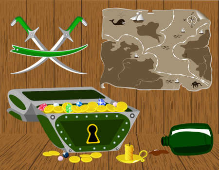 a chest of gold and a pirate map. のイラスト素材