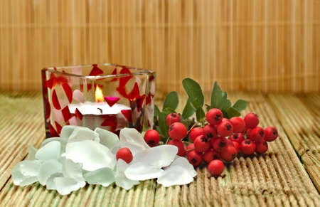 Salt bath with red berries. Spa background の写真素材