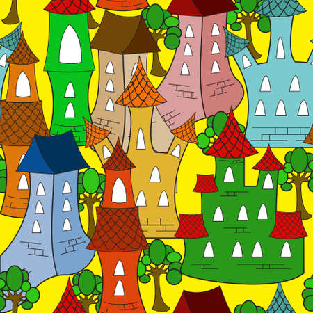 Colorful Cartoon town house. Seamless pattern のイラスト素材