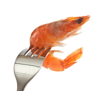 Boiled shrimp on a fork.の写真素材
