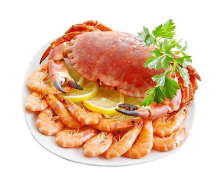 Crab with shrimp and parsley on a white background.の写真素材