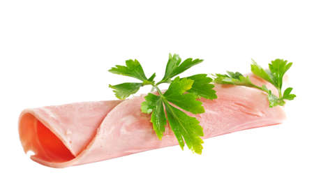 Ham with a sprig of parsley on a white background