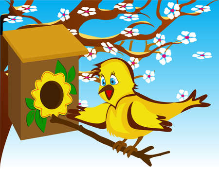 bird in the birdhouse near a flowering treeのイラスト素材