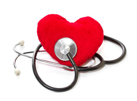 Medical stethoscope and plush heart on a white backgroundの写真素材