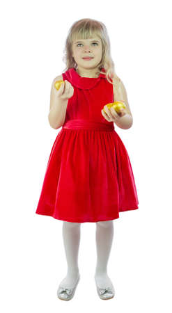 girl holding a golden egg, isolated on white backgroundの写真素材