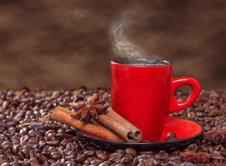 Coffee in a red cup with cinnamon and anise stars の写真素材