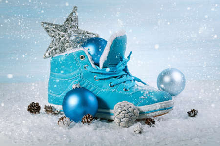 Christmas background with boots and Christmas decorationsの写真素材