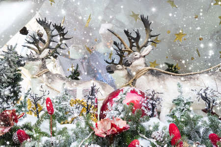 Christmas background with Santa Claus and reindeerの写真素材