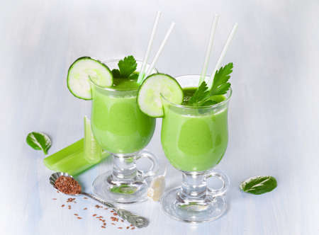 Delicious vegetable smoothie from green vegetablesの写真素材