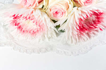 Wedding background with roses and laceの写真素材