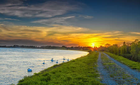 The river Rhine at sunsetの写真素材