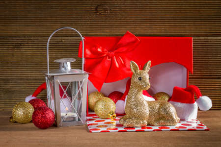Christmas background with reindeer and Christmas balls.の写真素材