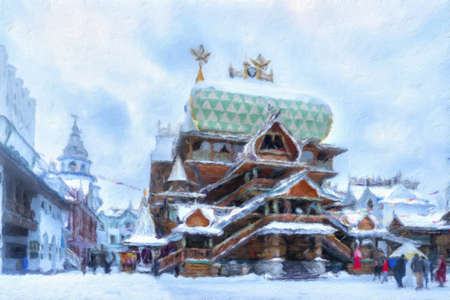 Wooden church inside the iconic complex "Kremlin in Izmailovo" aka Izmailovskiy Kremlin in winter snow, a cultural center in Moscow, Russia. Oil painting effect.の写真素材